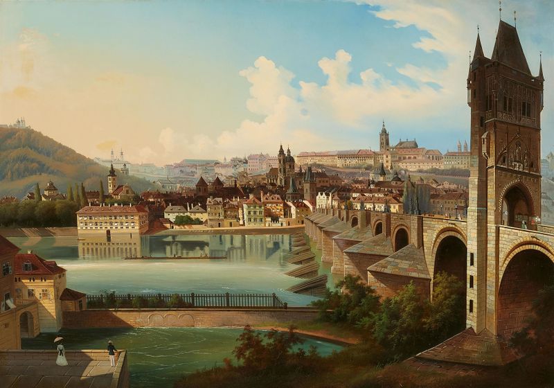 Blick auf Prag de Ferdinand Lepgé, paisaje de romanticismo, paisaje urbano con edificios y luz