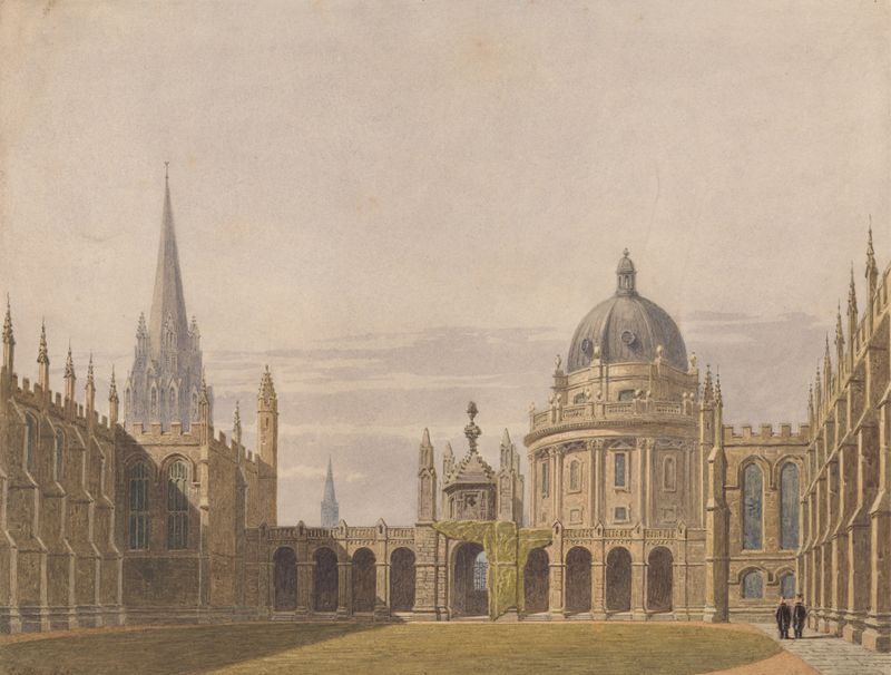 The Quadrangle, All Soul’s, Oxford by George Pyne, oil on canvas depicting architecture and lush greenery.