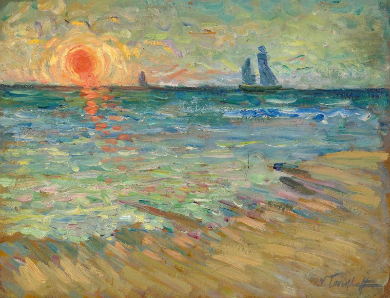 Sailboats at sunset in a seascape by Nicolas Tarkhoff, oil painting