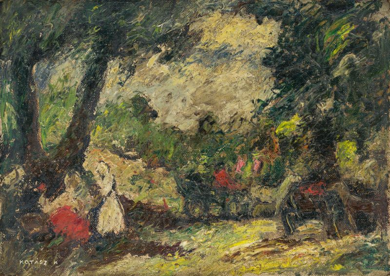 Escena de género que muestra figuras en un parque, pintura al óleo de Károly Kotász