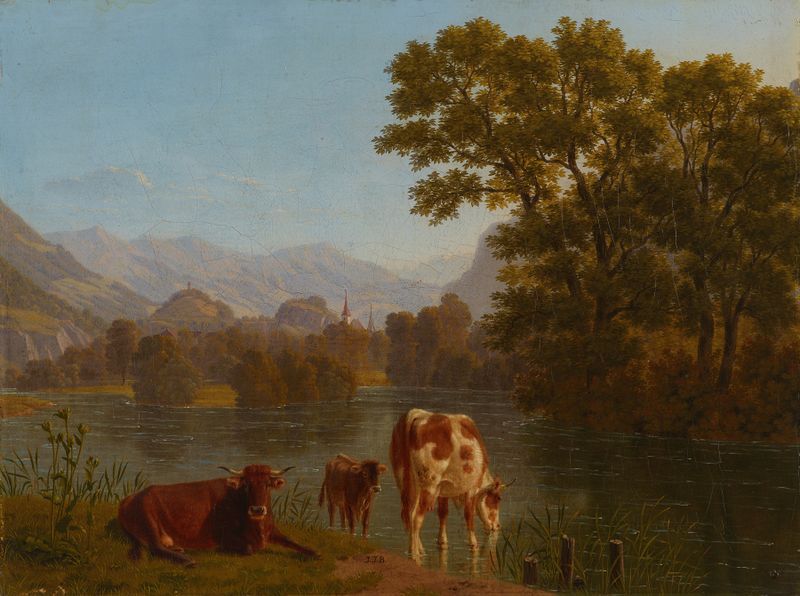 Aarelandschaft de Johann Jakob Biedermann, óleo sobre lienzo que muestra un río tranquilo y colinas distantes.