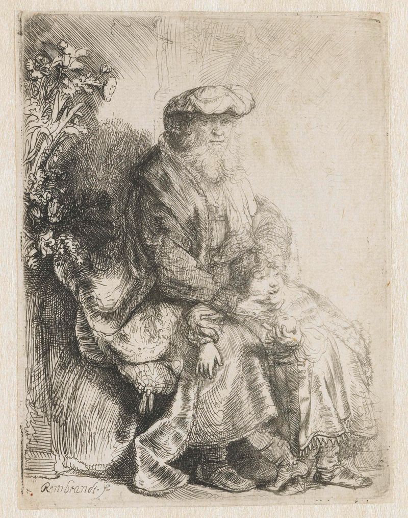 Gravura de Rembrandt van Rijn mostrando Abraão e Isaque em um momento de amor paternal.