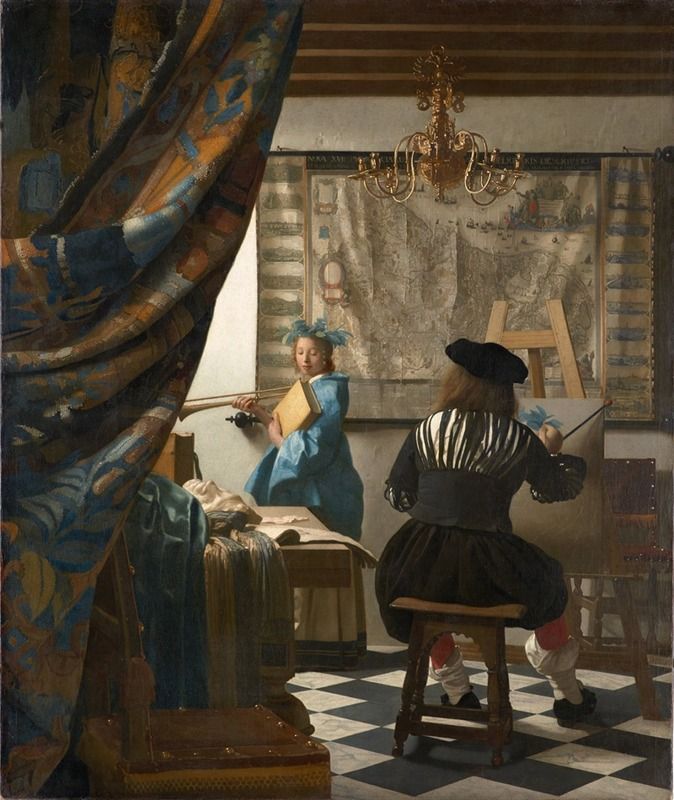 Interior scene with an artist and model, oil on canvas by Johannes Vermeer