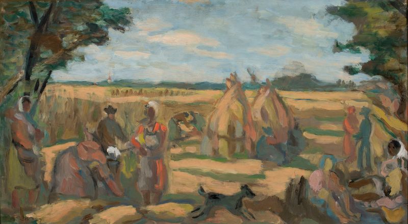 Żniwa by Wacław Wąsowicz, oil on canvas depicting laborers in a wheat field under a golden sky.