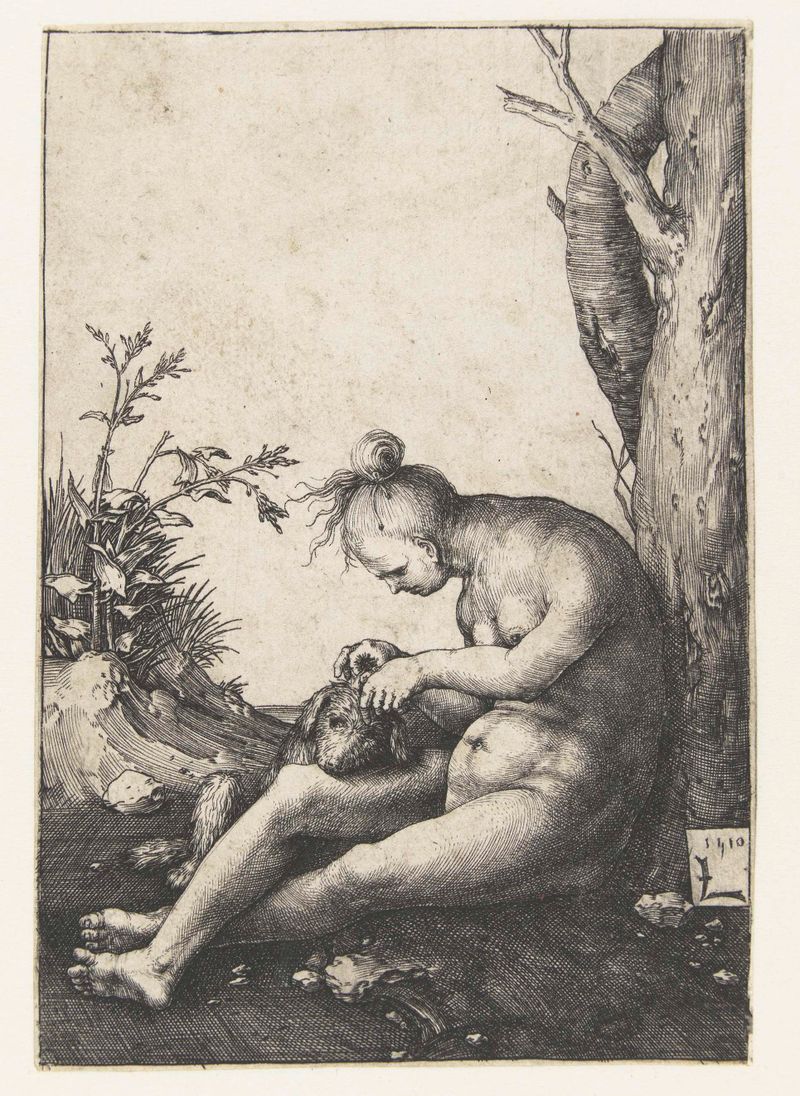 Mulher nua com um cachorro e um espelho, gravura de Lucas van Leyden