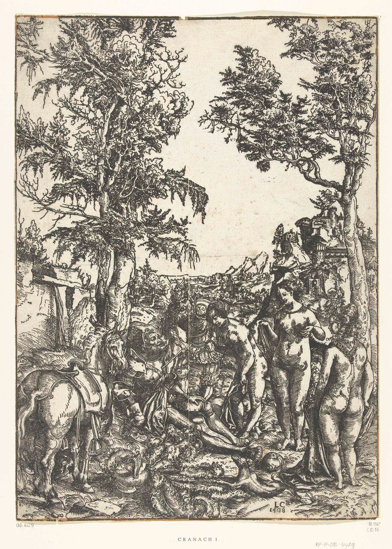 Oordeel van Paris by Lucas Cranach, 1508, paper, depicting Paris in contemplation surrounded by nature.