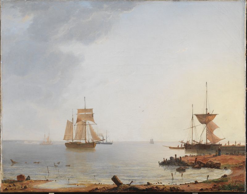 Marine scene with ships at dawn by Emanuel Larsen, oil painting