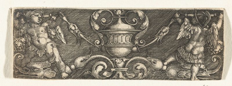 Gravura de Monogrammist AC com um vaso de flores e putti com um capacete.