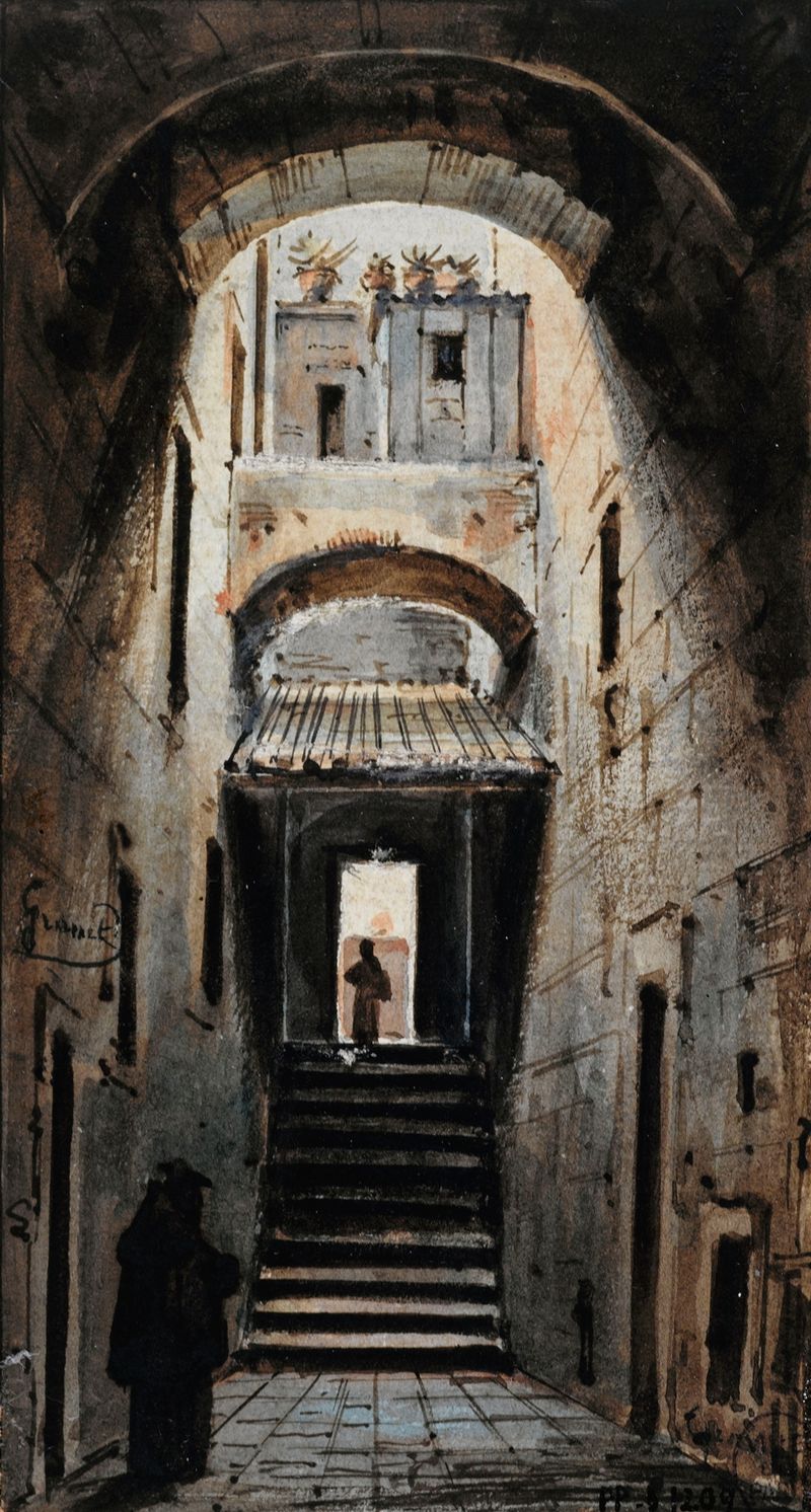 Architecture in 'Une rue sous les voûtes' by François-Marius Granet, depicting a desolate alleyway.