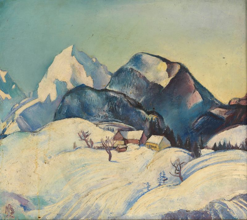 Wintermorgen am Kleinen Priel, óleo sobre tela de Alois Leopold Seibold, retratando uma paisagem invernal serena.