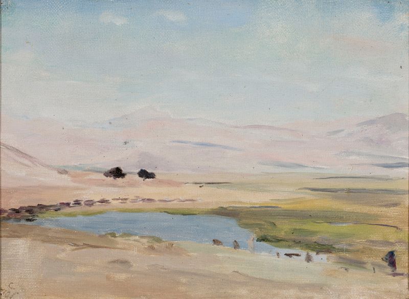 Paisagem desértica que retrata resiliência, pintura a óleo de Jan Ciągliński