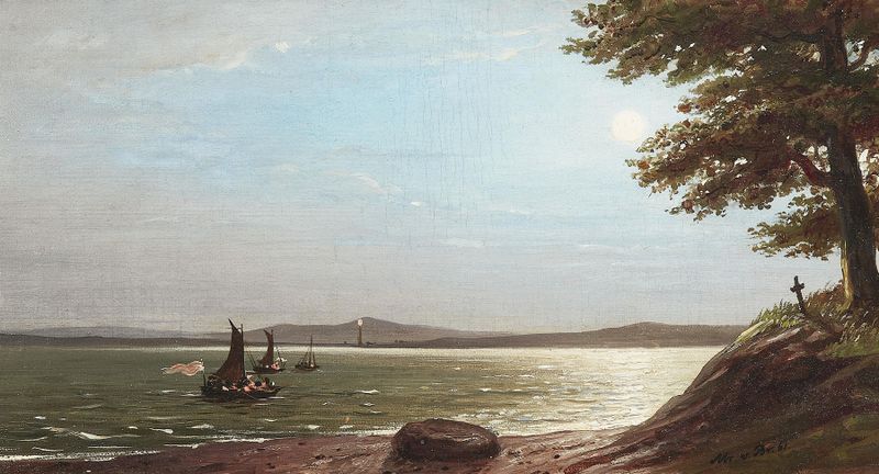 Oil on canvas by Johann Georg Meyer von Bremen depicting a full moon over the Baltic Sea.