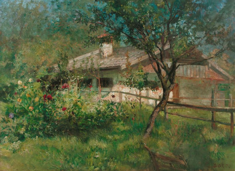 Fischerhaus auf der Fraueninsel de Christian Maximilian Baer, realismo, que representa una casa junto a un lago.