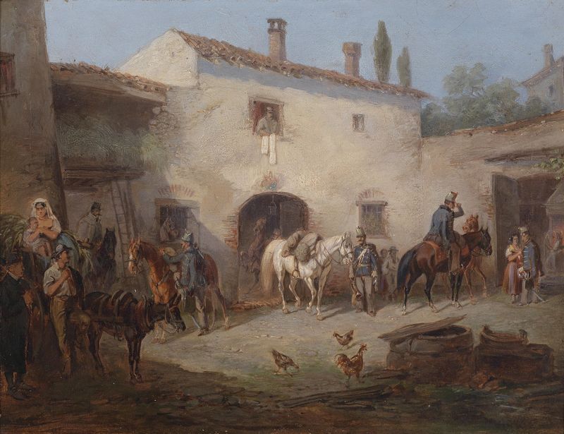 Österreichische Husaren de Carl Martin Ebersberg, óleo sobre lienzo que muestra húsares en uniformes vibrantes.