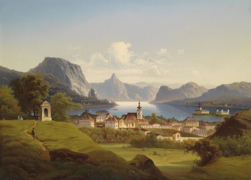 Landscape of Blick auf Gmunden mit Schloss Orth by Johann Wilhelm Jankowski, oil painting