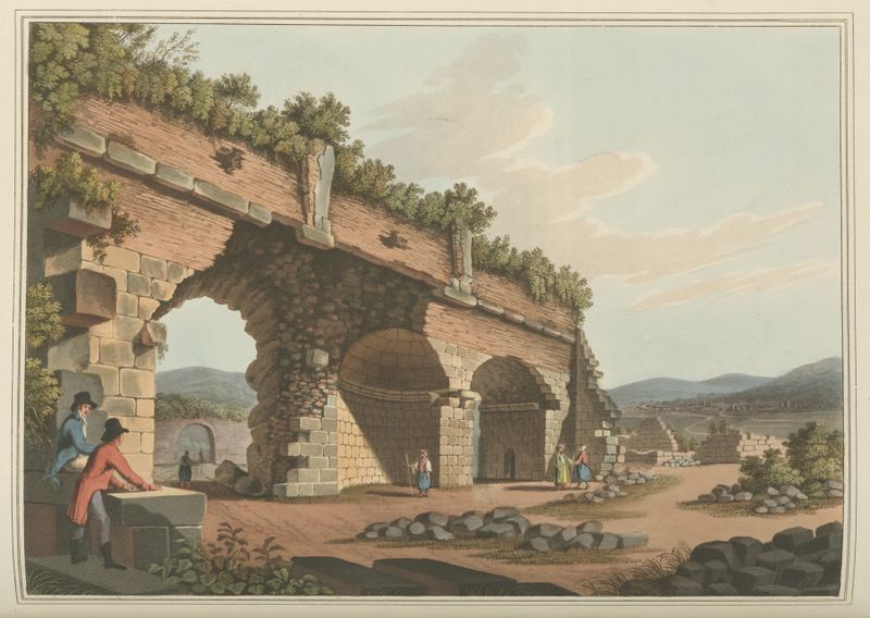 Engraving by Luigi Mayer depicting the Temple of Diana with columns and figures