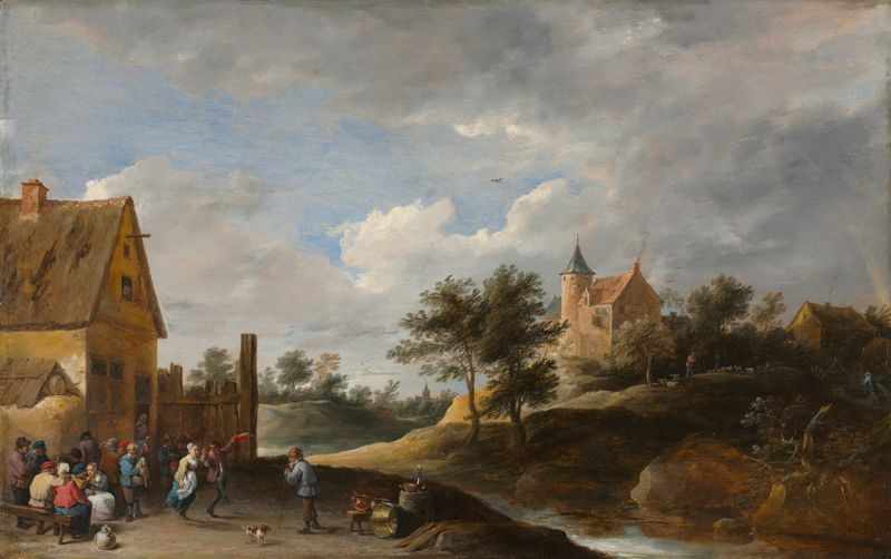 Genre scene depicting peasants dancing in a landscape, oil painting by David Teniers The Elder