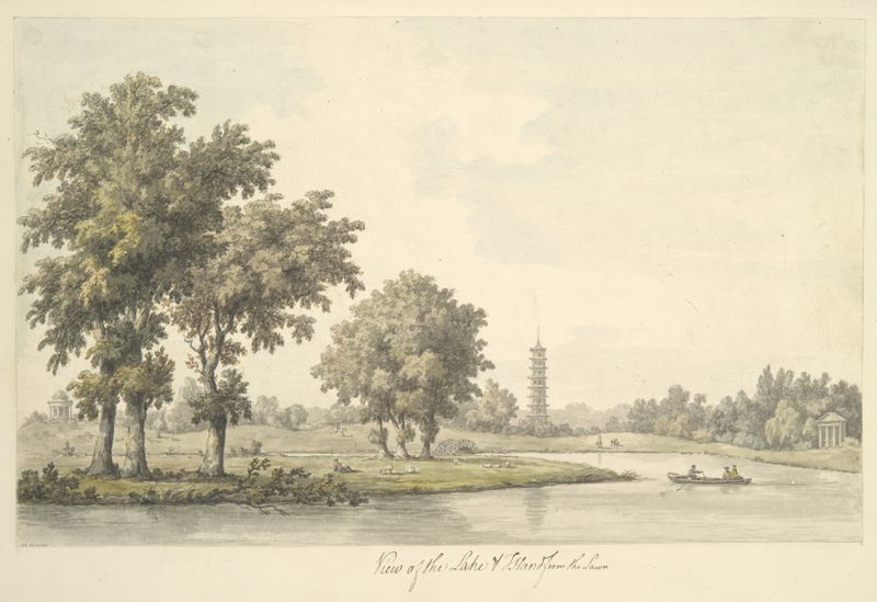 View of the lake and island at Kew, oil on canvas by William Marlow