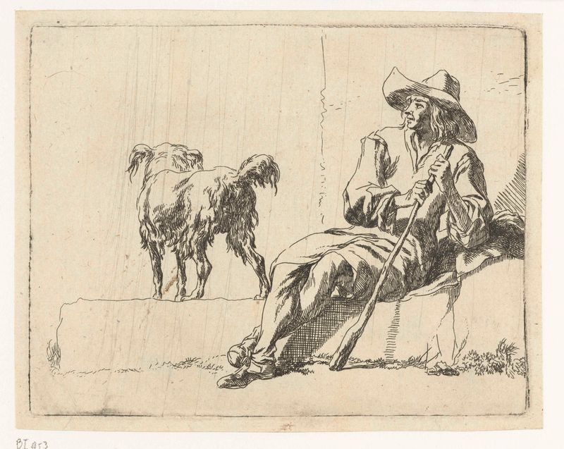 Gravura de Nicolaes Pietersz Berchem mostrando um pastor sentado com um cachorro.
