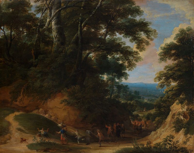 Hohlweg mit Soldaten, welche Bauern überfallen by Jacques d'Arthois, oil on canvas depicting soldiers confronting farmers.