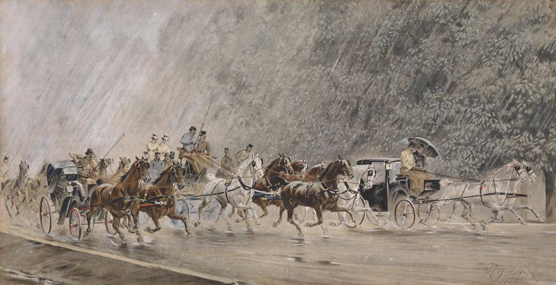 Kutschenfahrt im Regen de Heinrich Gottfried Wilda, óleo sobre tela mostrando uma carruagem puxada por cavalos na chuva.