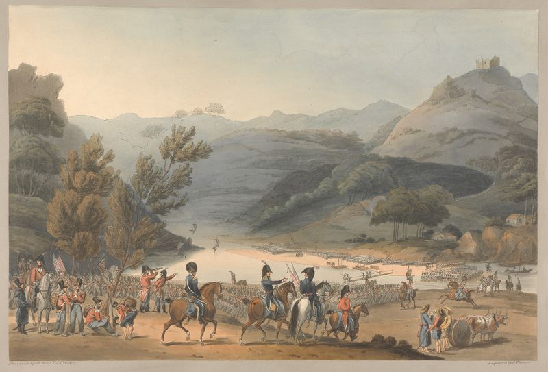Historical scene depicting soldiers crossing the Mondego river, oil painting by Charles Turner