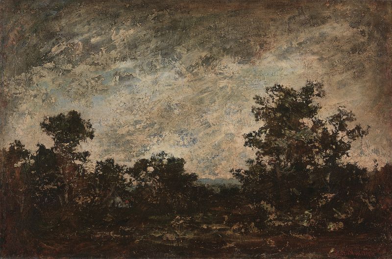 Indian Camp de Ralph Albert Blakelock, óleo sobre tela mostrando uma figura solitária em uma selva verde escura.