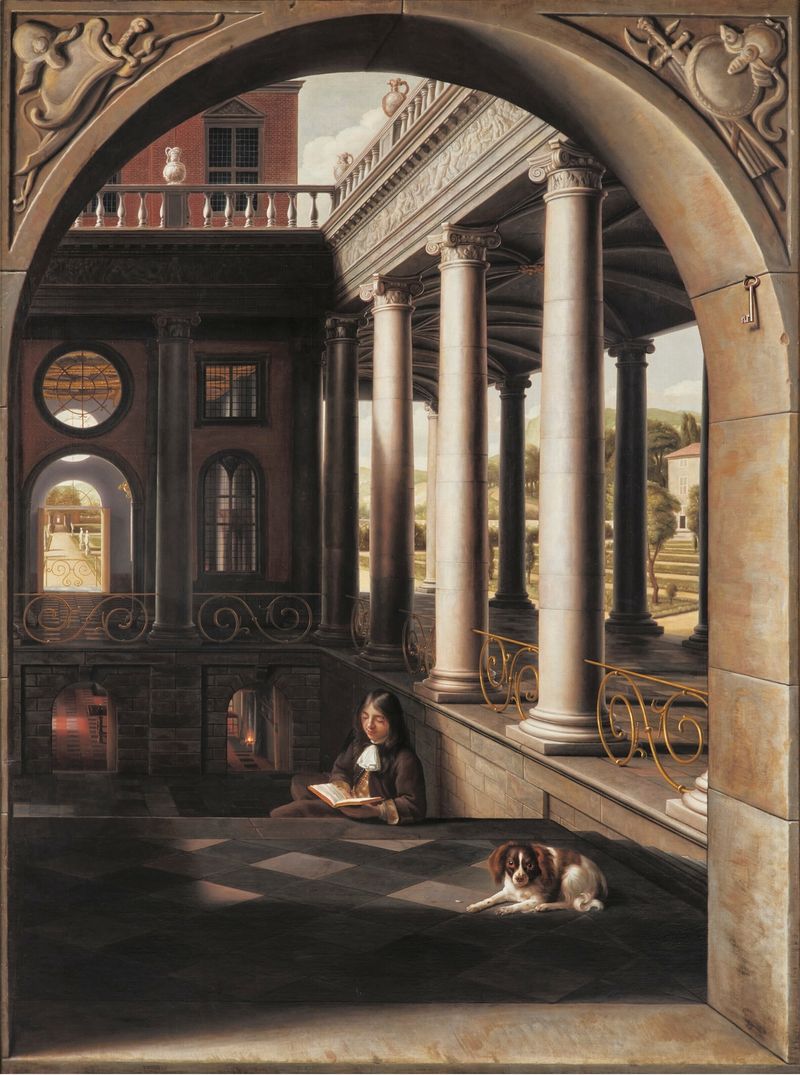 Interior scene with a young man reading, oil painting by Samuel van Hoogstraten