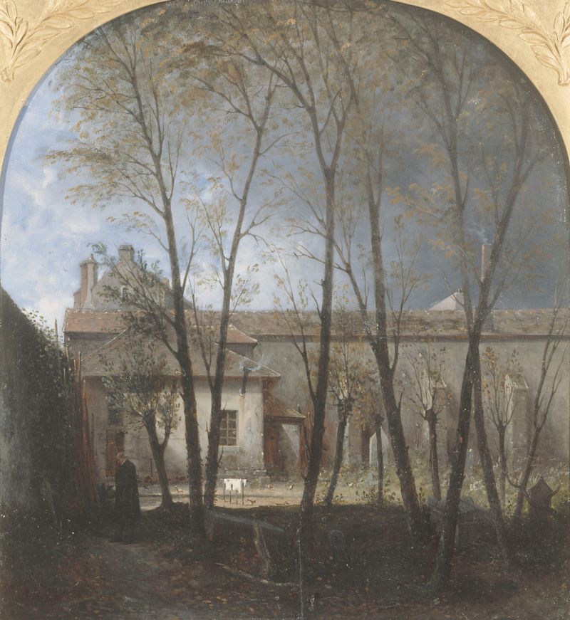 Engraving by Auguste Jacques Régnier depicting a graveyard with a stone cross