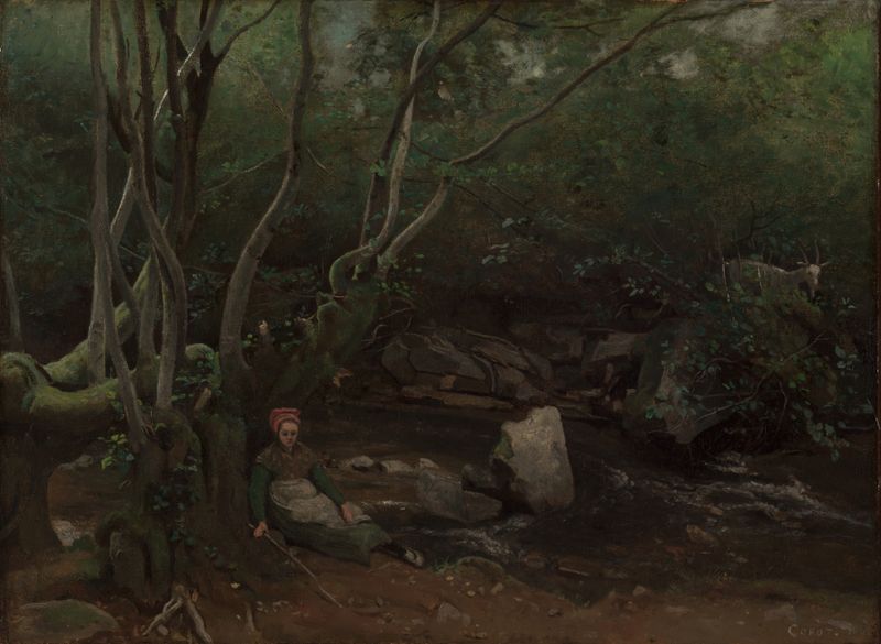 Lormes Goat-Girl, sentada junto a un arroyo en un bosque, óleo sobre lienzo de Jean-Baptiste-Camille Corot