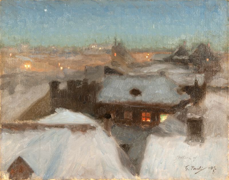 Winter Evening at Söder, Stockholm de Georg Pauli, óleo sobre lienzo que representa nieve y luz de la tarde.