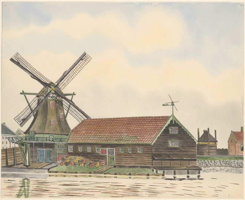 Óleo sobre tela de Johannes Nicolaas Eijman representando um moinho ao lado do rio Zaan.