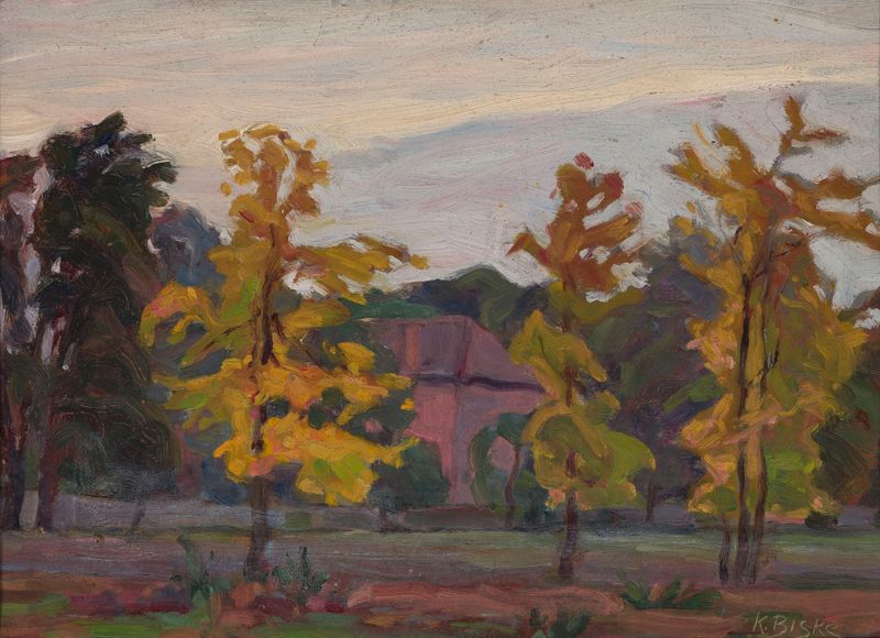 Paisaje de otoño de Karol Biske, óleo sobre lienzo que representa colinas y follaje de otoño.