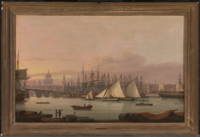 Marine scene with ships on the Thames by Thomas Luny, oil on canvas