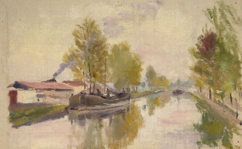 River landscape at twilight by Jeanne Jegou-Cadart, medium unknown