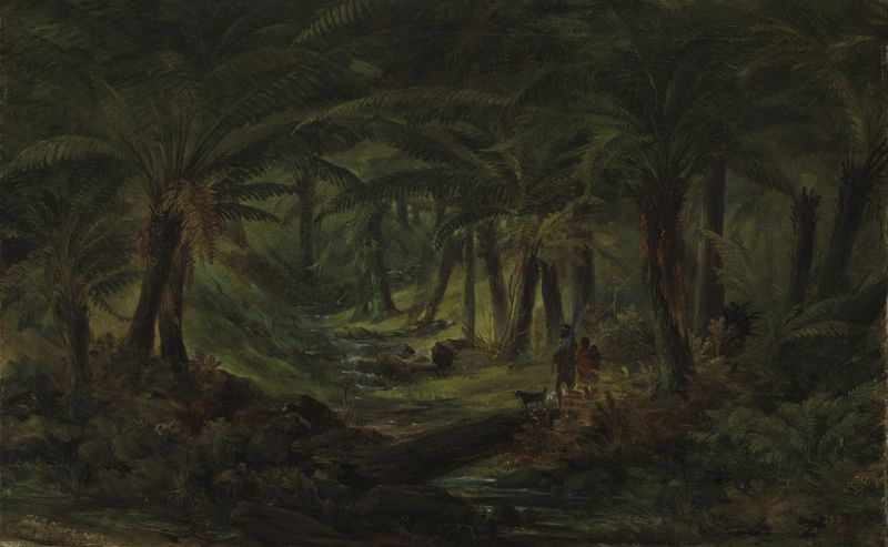 Fern gully with Aboriginal family, óleo sobre lienzo de Thomas Clark