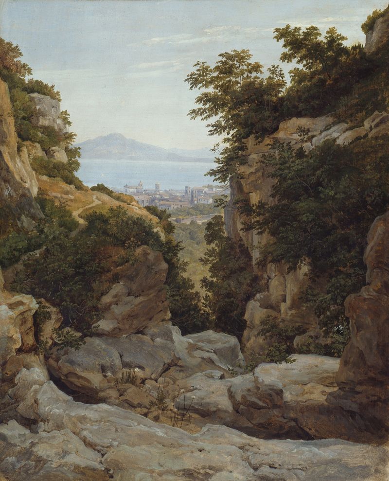 Italian Landscape by Heinrich Reinhold, oil painting depicting rolling hills and vibrant greenery.