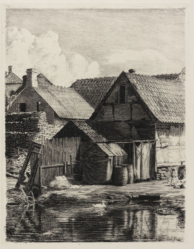 Old Houses, from Hellebæk by Carl Bloch, oil painting depicting a village landscape with a gnarled tree.