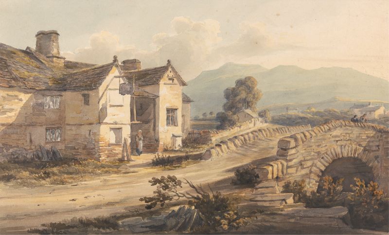 Cottages in Westmoreland de George Samuel, pintura a óleo que retrata uma paisagem serena com cottages e colinas.