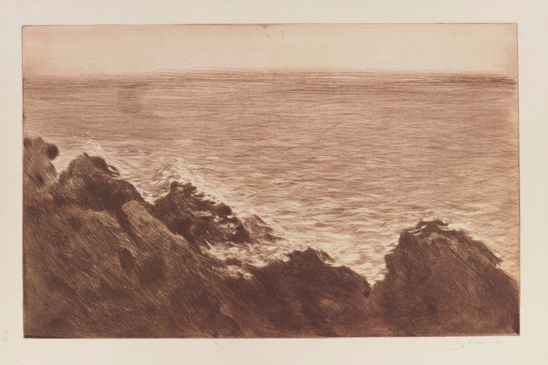 Rochers à Monte-Carlo gravura de Henri-Charles Guérard mostrando rochas e mar cintilante.
