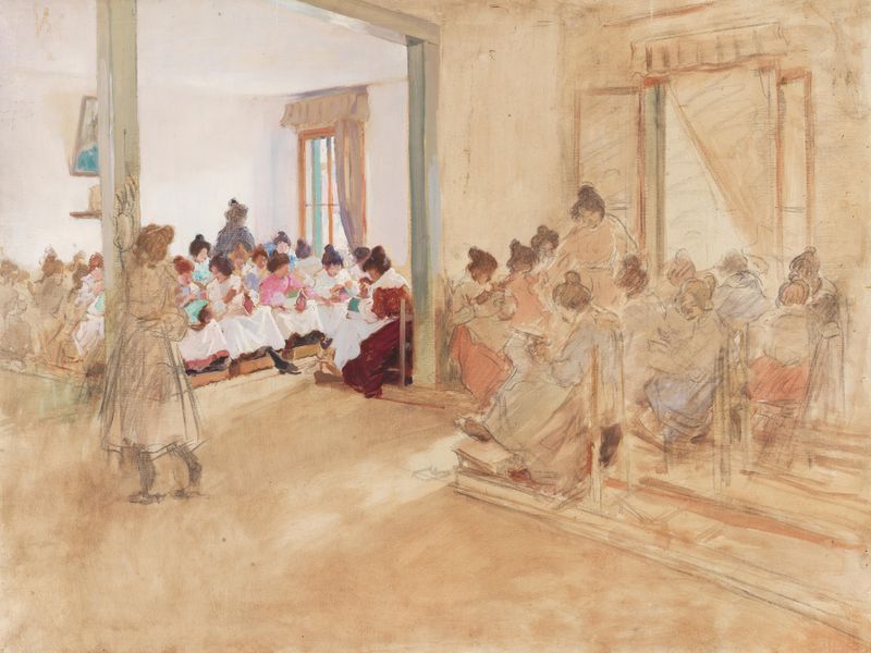 Seamstresses by Italico Brass, realism, depicting seamstresses working with fabric.