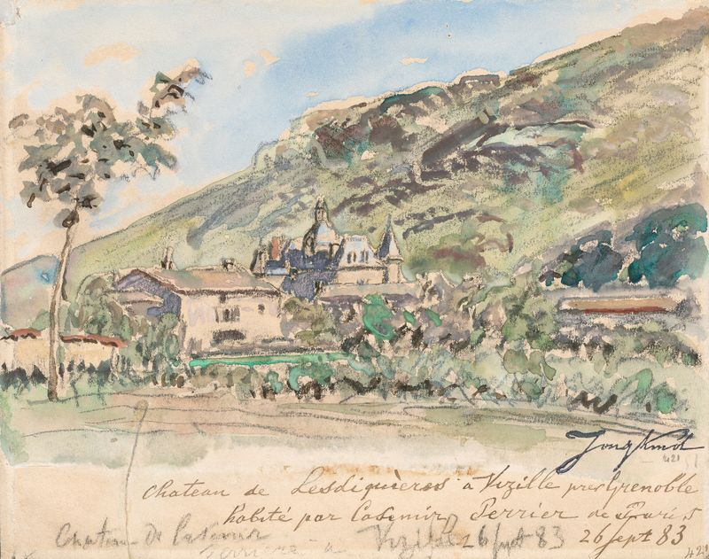 Château de Lesdiguières à Vizille de Johan Barthold Jongkind, pintura a óleo que retrata uma paisagem com um château.
