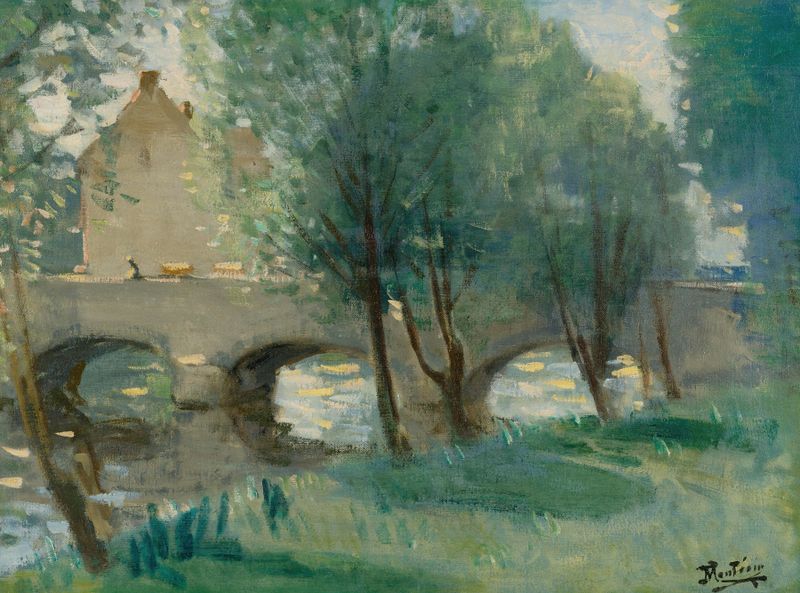 Paisaje con un puente sobre un río, pintura al óleo de Pierre-Eugène Montézin