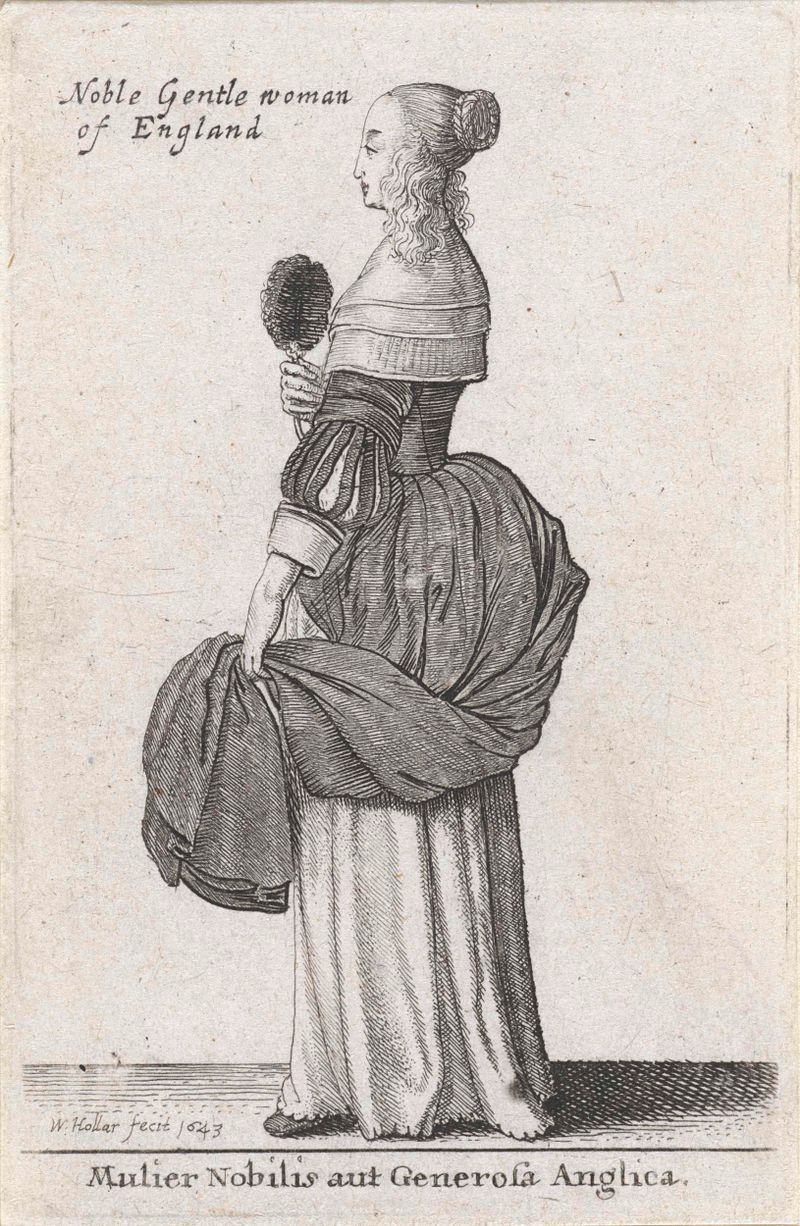 Nobre mulher da Inglaterra, gravura de Wenceslaus Hollar, com renda intrincada.