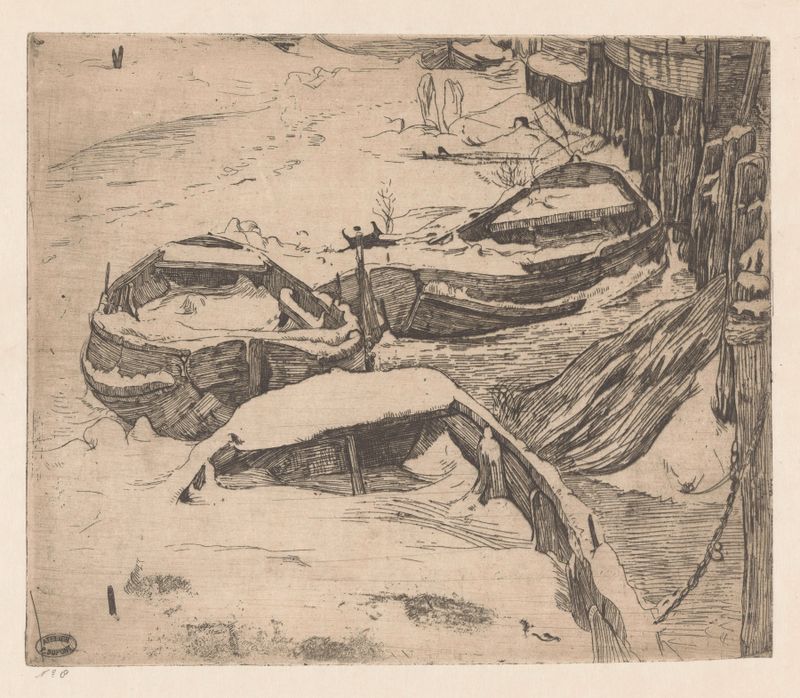 Three boats resting on snow-covered riverbank, oil painting by Pieter Dupont
