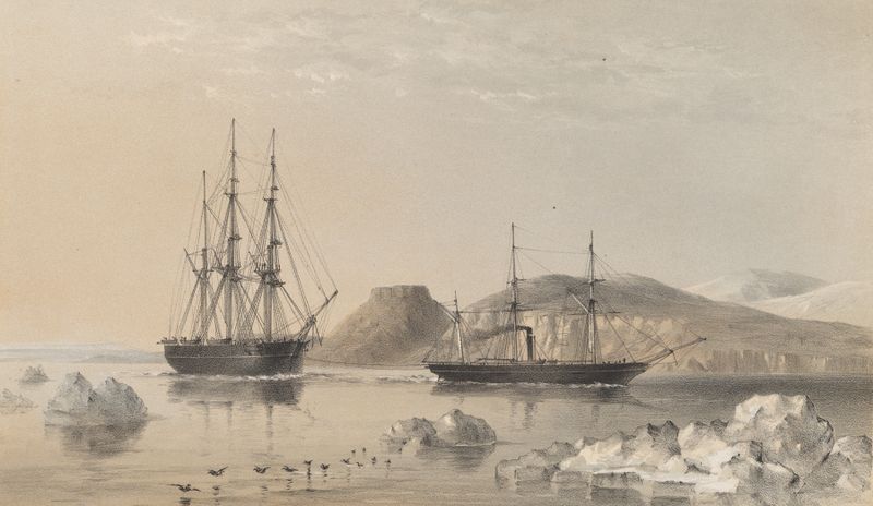 H.M.S. Assistance oil painting by Walter William May, depicting a ship navigating the ocean