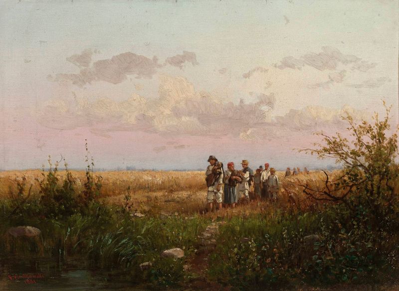 Genre scene depicting harvesters returning from the fields, oil painting by Franciszek Wastkowski