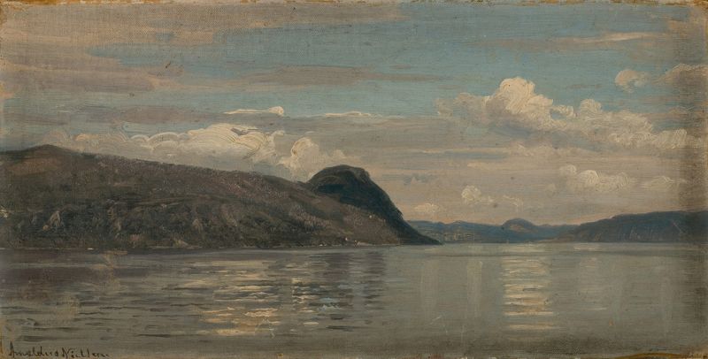 Paisaje de fiordo y montañas de Amaldus Nielsen, óleo