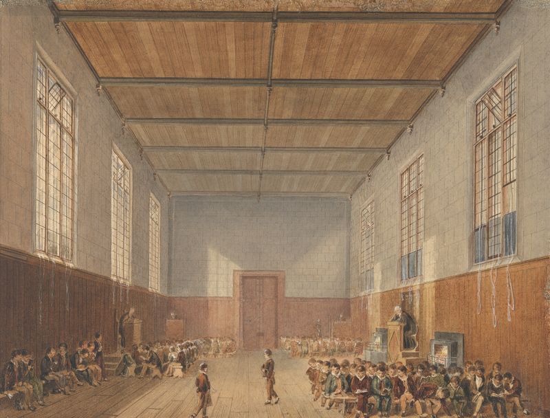Interior scene of The Hall, Rugby School by John Gendall, watercolor on paper