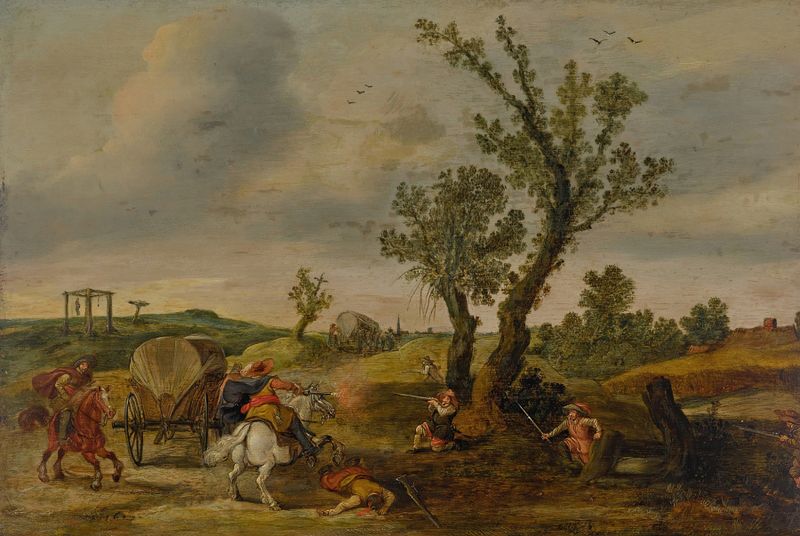 Escena histórica de soldados emboscando una carreta, pintura al óleo de Esaias van de Velde